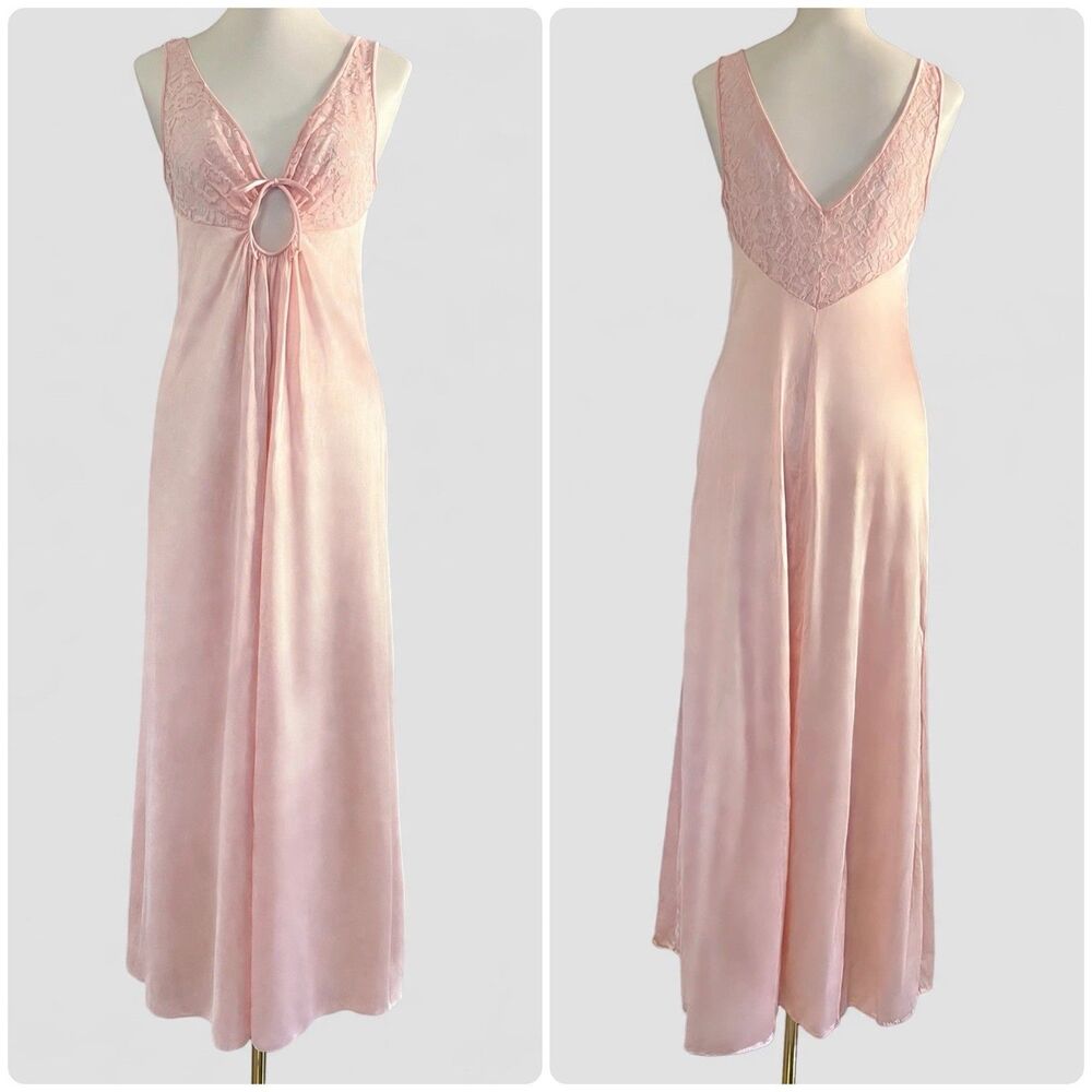 Vintage Unbranded Baby Pink Lace Detail Keyhole Long Lingerie Nightgown Womens M